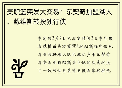 美职篮突发大交易：东契奇加盟湖人，戴维斯转投独行侠