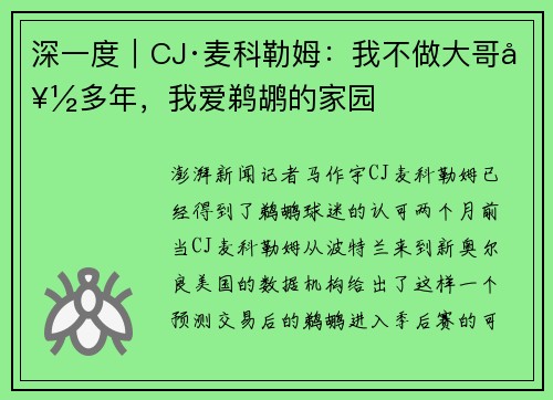 深一度｜CJ·麦科勒姆：我不做大哥好多年，我爱鹈鹕的家园