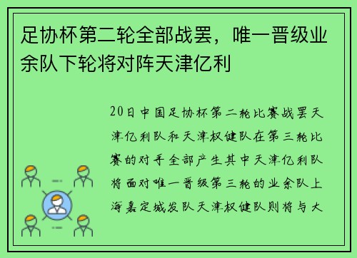 足协杯第二轮全部战罢，唯一晋级业余队下轮将对阵天津亿利